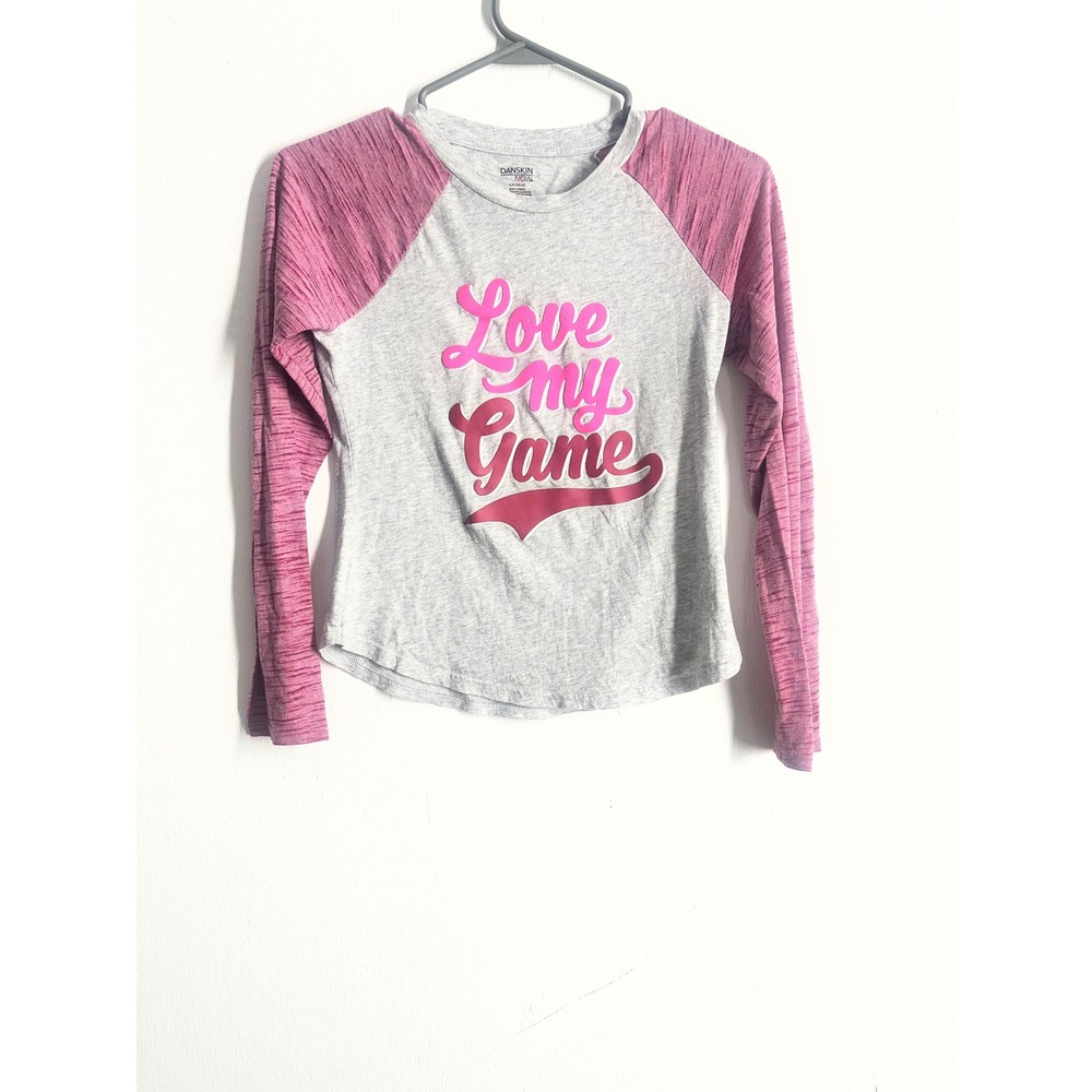 Danskin Now Girls Love My Game Raglan Long Sleeve Tee Grey Pink Size L 10-12